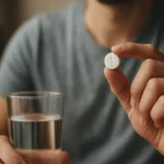Osoba drží bielu tabletku vedľa pohára vody, pripravená na užitie.