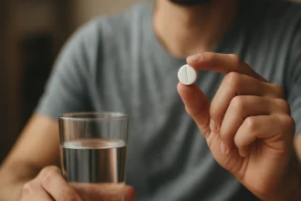 Osoba drží bielu tabletku vedľa pohára vody, pripravená na užitie.