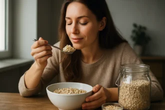 Žena si užíva ovsené vločky na raňajky pre lepšie zdravie.
