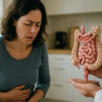 Žena s bolesťou brucha a model tenkého čreva v ordinácii