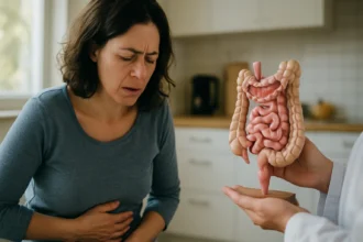 Žena s bolesťou brucha a model tenkého čreva v ordinácii