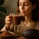 Žena vychutnávajúca si šálku kakaa so zdravými ingredienciami.