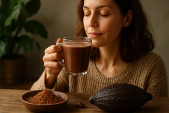 Žena vychutnávajúca si šálku kakaa so zdravými ingredienciami.