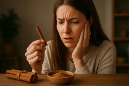 Žena pozorně zkoumá škorici, přemýšlí nad jejím použitím.