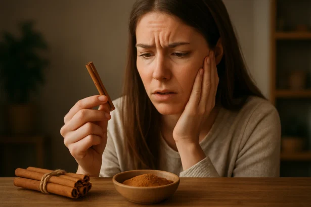 Žena pozorně zkoumá škorici, přemýšlí nad jejím použitím.