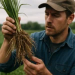 Záhradkár skúma koreňový systém pýru plazivého v zelenom poli.