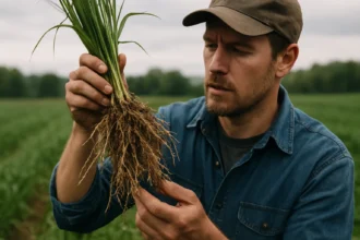 Záhradkár skúma koreňový systém pýru plazivého v zelenom poli.