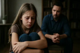 Zranená dievčina počas rozhovoru s dospelým v pozadí