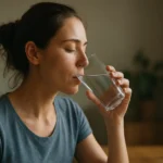 Žena pije pohár čistej vody doma, dôraz na hydratáciu.