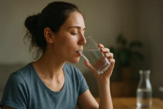 Žena pije pohár čistej vody doma, dôraz na hydratáciu.