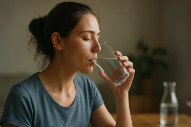 Žena pije pohár čistej vody doma, dôraz na hydratáciu.