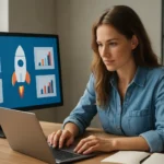 Žena pracujúca na online marketingových analýzach s grafmi a raketou na obrazovke.