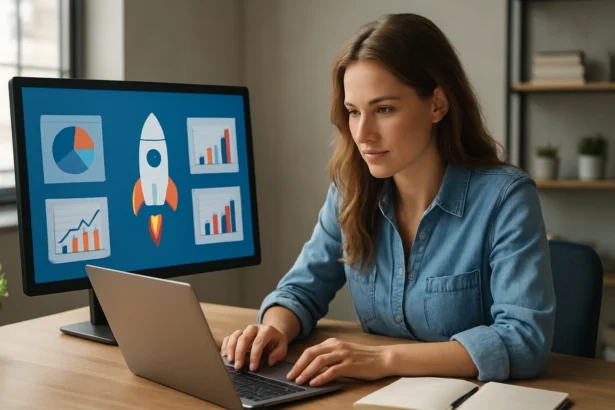 Žena pracujúca na online marketingových analýzach s grafmi a raketou na obrazovke.