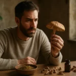 Muž skúma meskalínový hríb v priateľskom prostredí.