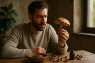 Muž skúma meskalínový hríb v priateľskom prostredí.