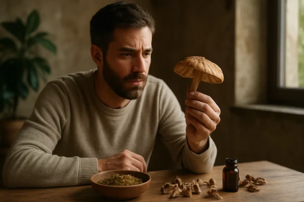 Muž skúma meskalínový hríb v priateľskom prostredí.