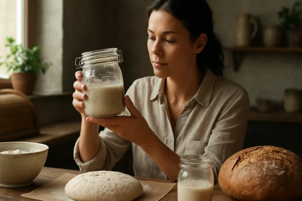 Žena skúma kvások v sklenenej nádobe pri domácom pečení chleba.