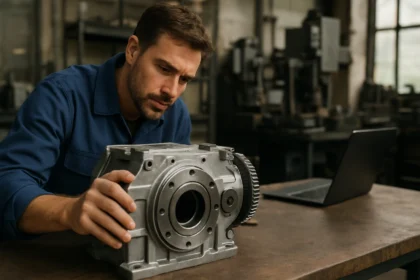 Expert analizuje reduktor v strojárskej dielni