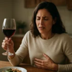 Žena sčítava červené víno pri jedle, vyzerá nespokojne.