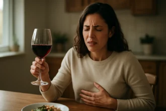 Žena sčítava červené víno pri jedle, vyzerá nespokojne.