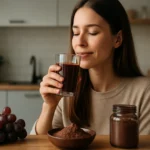 Žena si vychutnáva nápoj z hroznovej šupky pre zdravie a pohodu.