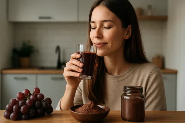 Žena si vychutnáva nápoj z hroznovej šupky pre zdravie a pohodu.