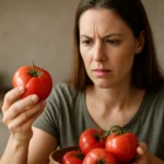 Žena skúma paradajku v ruke, obklopená ďalšími paradajkami.