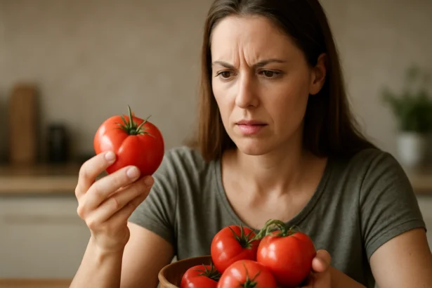 Žena skúma paradajku v ruke, obklopená ďalšími paradajkami.