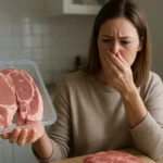 Žena s pohoršením drží balenie bravčového mäsa v kuchyni.