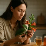 Žena skúma trúbkovitý kvet v kuchyni s bylinným čajom a liekom.