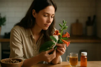 Žena skúma trúbkovitý kvet v kuchyni s bylinným čajom a liekom.