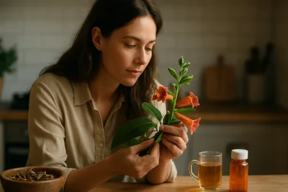 Žena skúma trúbkovitý kvet v kuchyni s bylinným čajom a liekom.