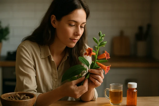 Žena skúma trúbkovitý kvet v kuchyni s bylinným čajom a liekom.