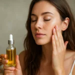 Žena aplikuje mandľový olej na pleť pre krásnu a hydratovanú pokožku