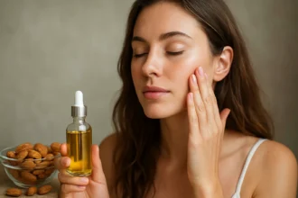 Žena aplikuje mandľový olej na pleť pre krásnu a hydratovanú pokožku