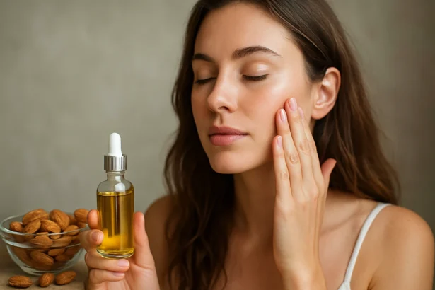 Žena aplikuje mandľový olej na pleť pre krásnu a hydratovanú pokožku