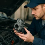 Mechanik kontroluje EGR ventil pod kapotou automobilu.