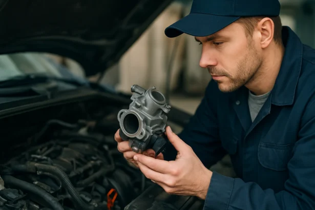 Mechanik kontroluje EGR ventil pod kapotou automobilu.