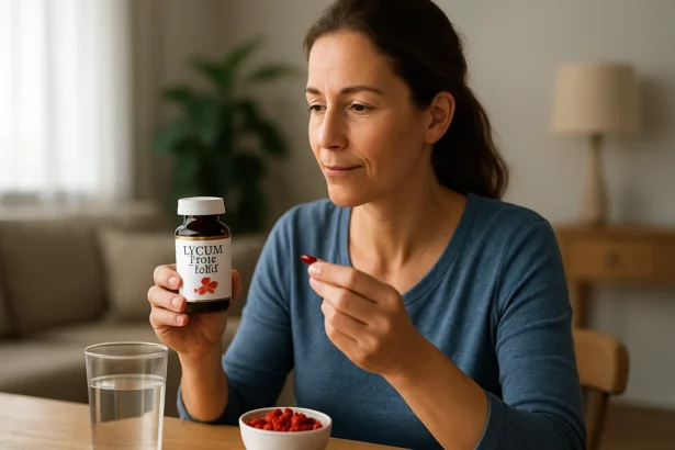 Žena skúma vitamíny Lycium Plus na zlepšenie zdravia.