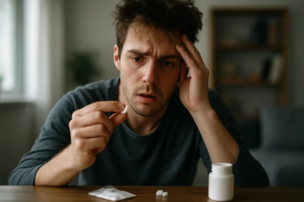 Muž premýšľajúci o užívaní speedu s výrazom znepokojenia.