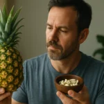Muž skúma ananás a prírodné doplnky s bromelaínom