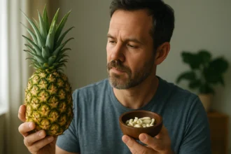 Muž skúma ananás a prírodné doplnky s bromelaínom