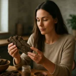 Žena skúma dubovú kôru na stole s liečivými prípravkami.