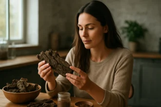 Žena skúma dubovú kôru na stole s liečivými prípravkami.