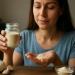 Žena drží sklenenú nádobu s cesnakovým práškom a naberá ho do ruky.