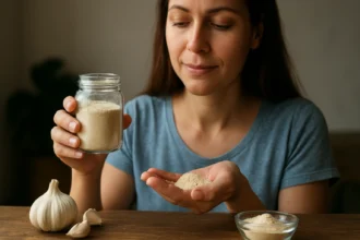 Žena drží sklenenú nádobu s cesnakovým práškom a naberá ho do ruky.