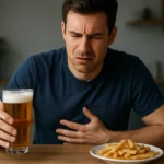 Muž cíti bolesť brucha pri pive a hranolkách.