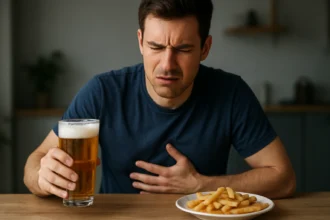 Muž cíti bolesť brucha pri pive a hranolkách.
