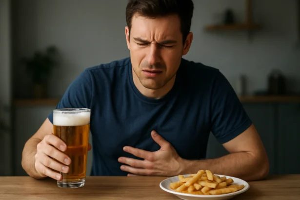Muž cíti bolesť brucha pri pive a hranolkách.