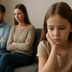 Dieťa smutné kvôli neúplnej rodine so zatvorenými rodičmi v pozadí.